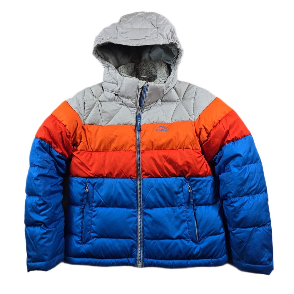 LL Bean Down Puffer Jacket Kids Small 8 Blue Orange Water Repell Hood DownTek
